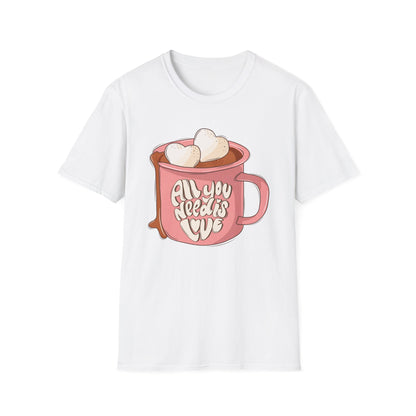 Sweet "All You Need Is Love" T-Shirt | Retro Hot Chocolate Mug with Heart Marshmallows | Adorable Valentine's Day & Cozy Love Tee