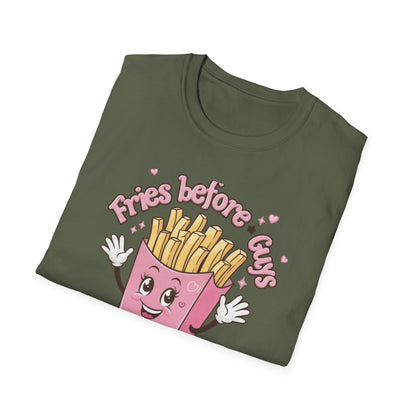 Cute 'Fries Before Guys' T-Shirt | Adorable Pink French Fry Lover Tee | Funny Foodie Graphic Top for Women & Teens