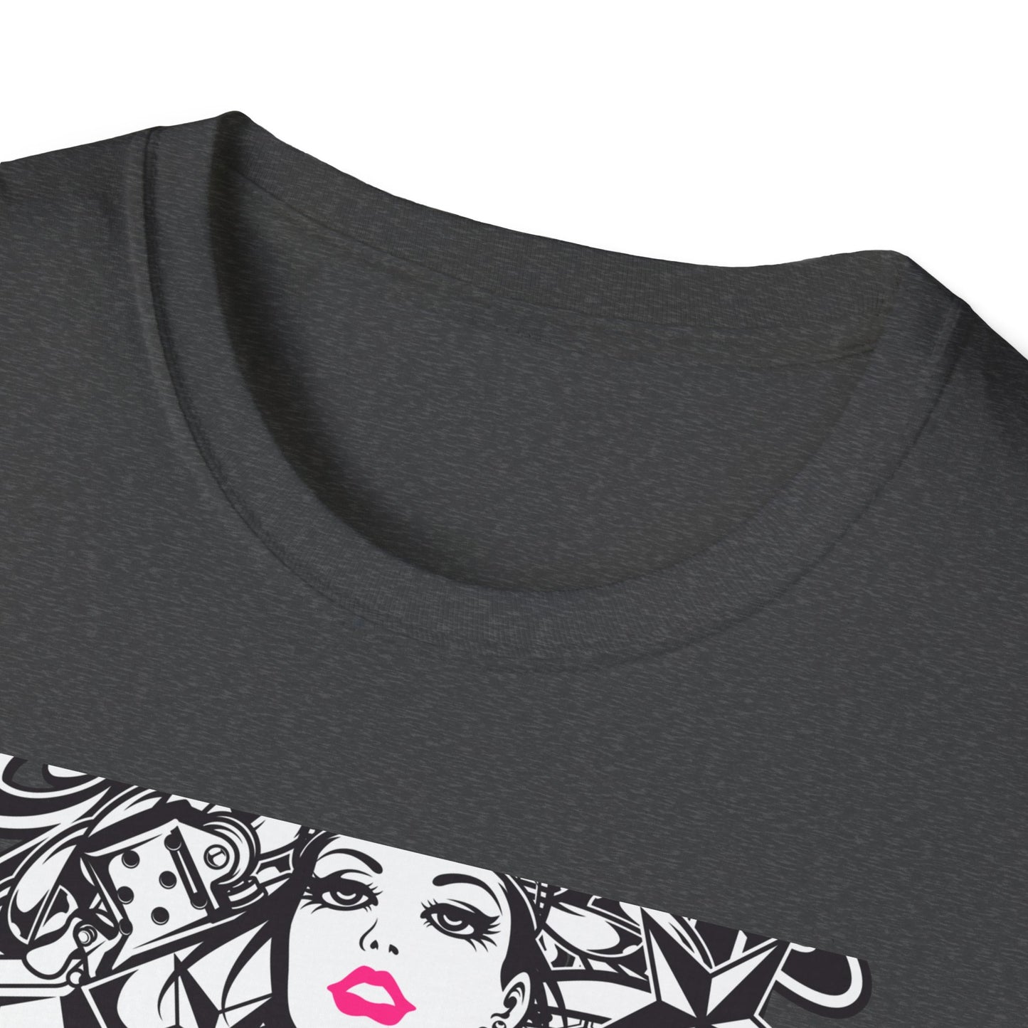 Bold Tattoo Girl & Skull Graphic T-Shirt | Edgy Urban Streetwear | Dice & Star Statement Tee - Unleash Your Rebel Style!