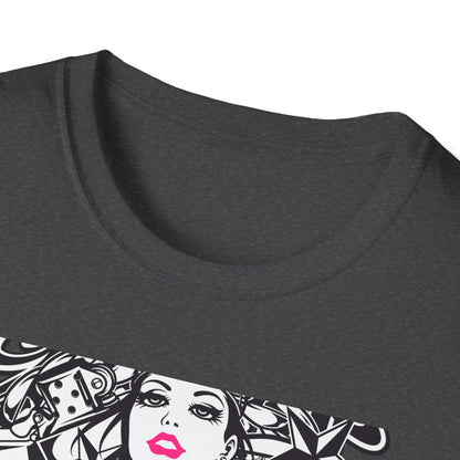 Bold Tattoo Girl & Skull Graphic T-Shirt | Edgy Urban Streetwear | Dice & Star Statement Tee - Unleash Your Rebel Style!