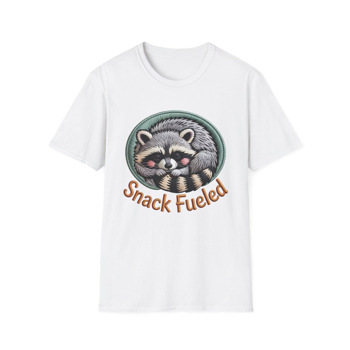 Adorable "Snack Fueled" Raccoon T-Shirt | Cozy Embroidered Look Tee | Ultimate Cute Animal & Snack Lover Gift!