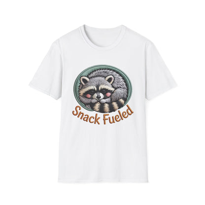 Adorable "Snack Fueled" Raccoon T-Shirt | Cozy Embroidered Look Tee | Ultimate Cute Animal & Snack Lover Gift!