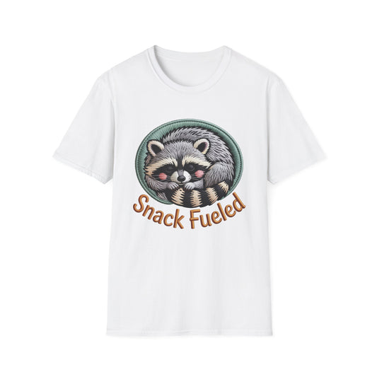 Adorable "Snack Fueled" Raccoon T-Shirt | Cozy Embroidered Look Tee | Ultimate Cute Animal & Snack Lover Gift!