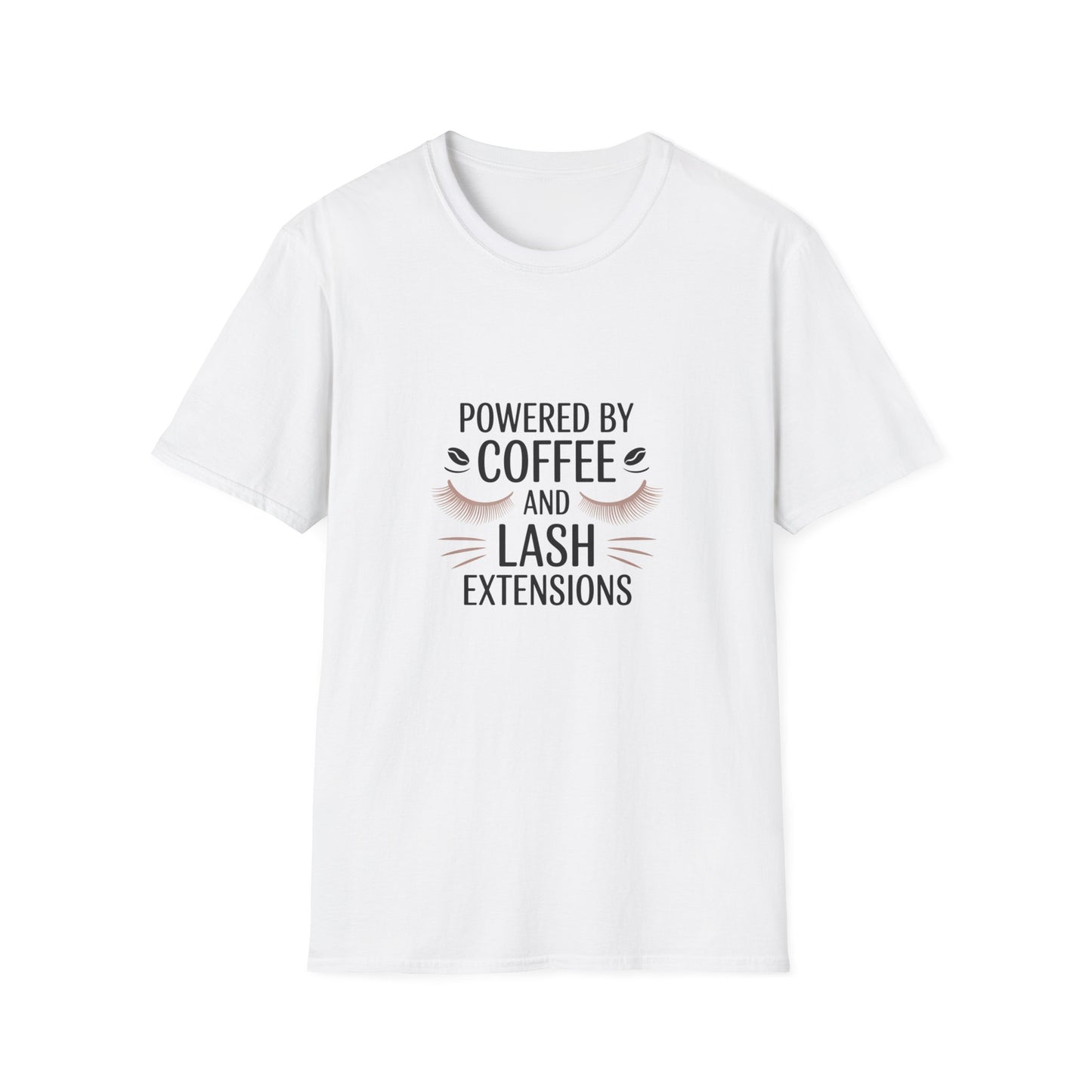 Chic 'Powered by Coffee & Lash Extensions' T-Shirt | Fabulous Lash Tech & Beauty Lover Tee with Cat Eye Design
