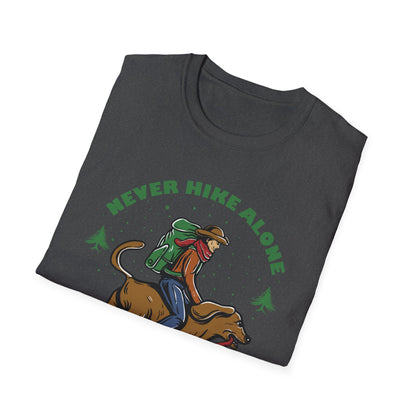Never Hike Alone T-Shirt | Epic Hiker & Dog Lover Tee for Outdoor Adventures | Companion Goal Shirt Gift