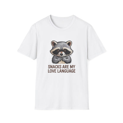 Adorable Raccoon "Snacks Are My Love Language" T-Shirt | Funny Foodie Animal Lover Tee | Ultimate Gift for Snack Enthusiasts