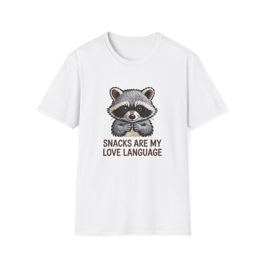 Adorable Raccoon "Snacks Are My Love Language" T-Shirt | Funny Foodie Animal Lover Tee | Ultimate Gift for Snack Enthusiasts