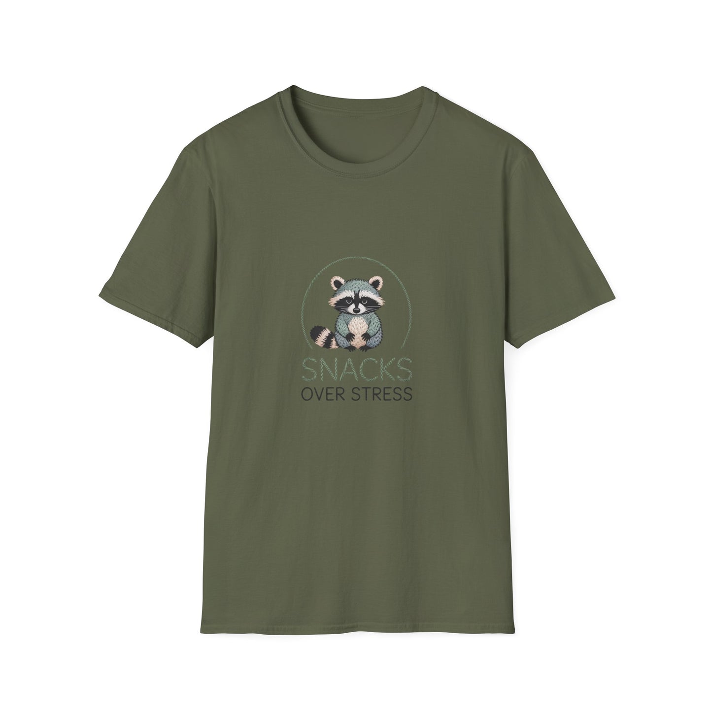 Cute Raccoon "Snacks Over Stress" T-Shirt | Hilarious Anti-Stress Foodie Tee for Ultimate Comfort & Joy