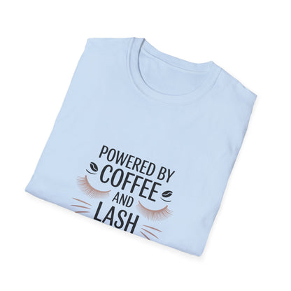 Chic 'Powered by Coffee & Lash Extensions' T-Shirt | Fabulous Lash Tech & Beauty Lover Tee with Cat Eye Design