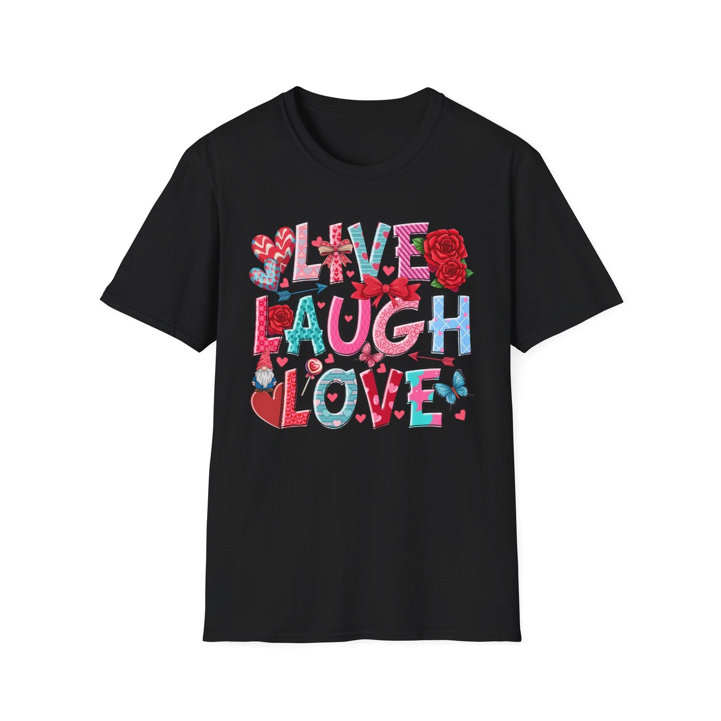 Ultimate Live Laugh Love T-Shirt | Charming Valentine's Gnome & Rose Heart Tee | Expressive Gift for Her