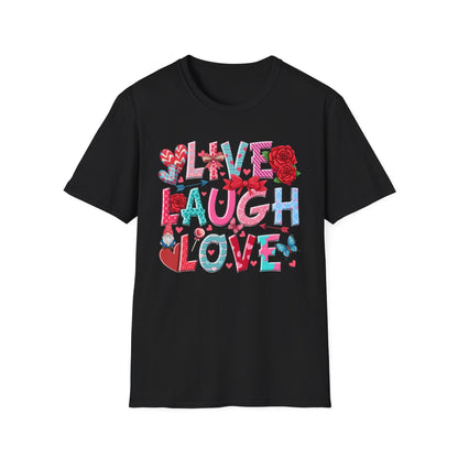 Ultimate Live Laugh Love T-Shirt | Charming Valentine's Gnome & Rose Heart Tee | Expressive Gift for Her