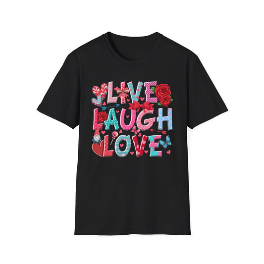 Ultimate Live Laugh Love T-Shirt | Charming Valentine's Gnome & Rose Heart Tee | Expressive Gift for Her