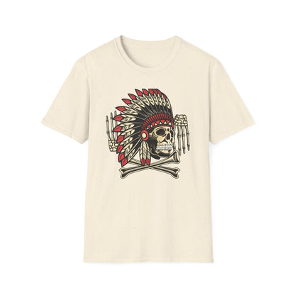 Striking Native Chief Skull Headdress T-Shirt - Unique Gothic Biker Tattoo Art Apparel for Rebel Souls