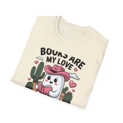 Adorable Reading Ghost T-Shirt | “Books Are My Love Language” Pink Cowboy Ghost Tee | Unique Book Lover Gift