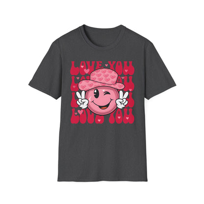 Super Cute Groovy Smiley Face T-Shirt - Pink Hearts Cowboy Hat & Peace Sign - Awesome 'Love You' Tee for Valentine's Day