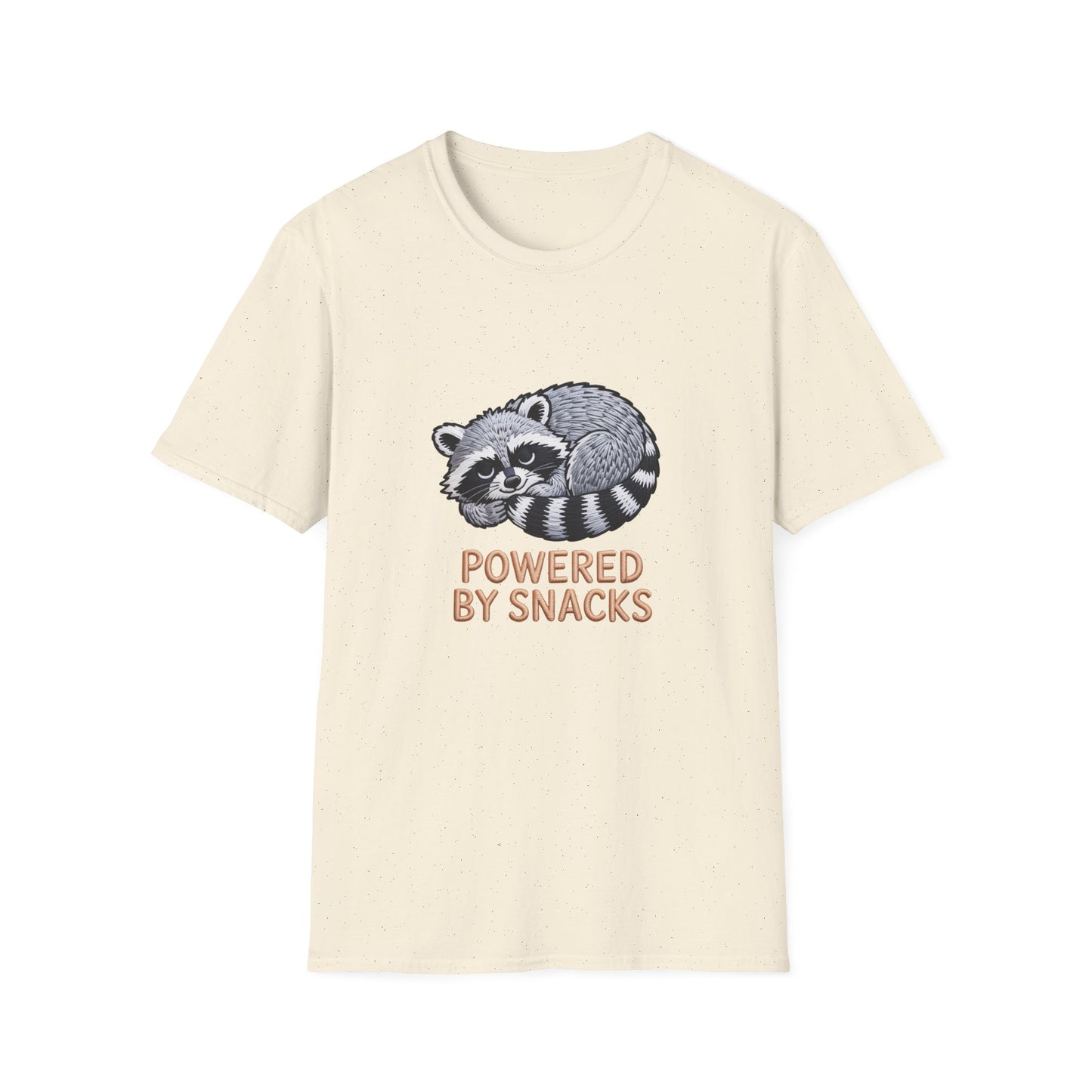 Powered By Snacks Adorable Raccoon T-Shirt | Funny Foodie Animal Lover Tee | Hilarious Snack Enthusiast Gift