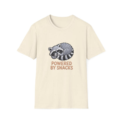 Powered By Snacks Adorable Raccoon T-Shirt | Funny Foodie Animal Lover Tee | Hilarious Snack Enthusiast Gift
