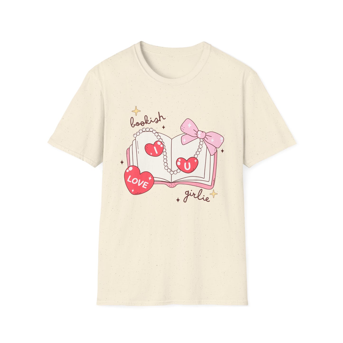 Sweet Bookish Girlie T-Shirt: 'I Love You' Hearts, Pearl Necklace & Pink Bow Design | Perfect Romantic Gift for Book Lovers