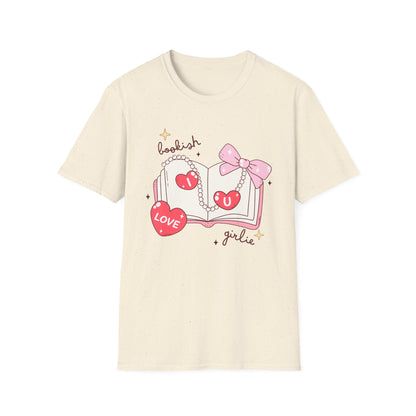 Sweet Bookish Girlie T-Shirt: 'I Love You' Hearts, Pearl Necklace & Pink Bow Design | Perfect Romantic Gift for Book Lovers