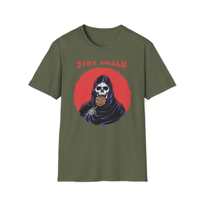 Stay Child Grim Reaper Lollipop T-Shirt | Edgy Skeleton Tee for Dark Humor & Inner Child | Unique & Vibrant Fun