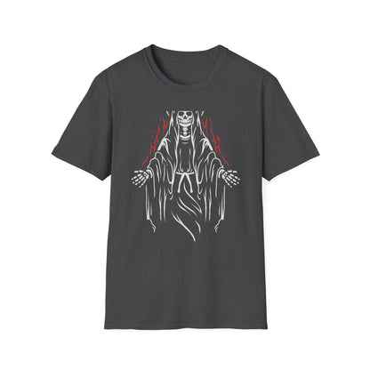 Mystic Skeleton Saint T-Shirt | Haunting Grim Reaper with Halo & Red Accents | Gothic & Alternative Apparel