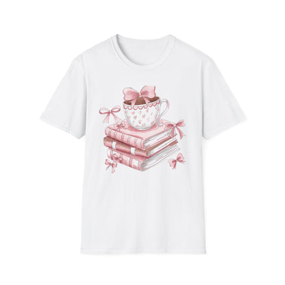 Cozy Pink Books & Teacup T-Shirt | Aesthetic Book Lover Gift | Delightful Reader Style Top