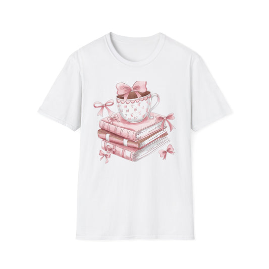 Cozy Pink Books & Teacup T-Shirt | Aesthetic Book Lover Gift | Delightful Reader Style Top