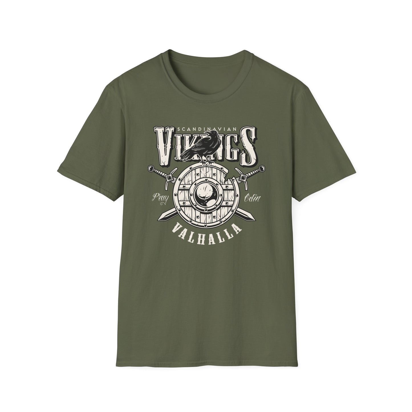 Epic Norse Viking Valhalla T-Shirt with Odin's Raven & Shield | Powerful Scandinavian Mythology Tee