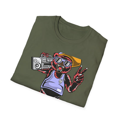 Rad Hip Hop Bear Boombox T-Shirt - Retro Street Style Graphic Tee for Music Lovers & 90s Fans
