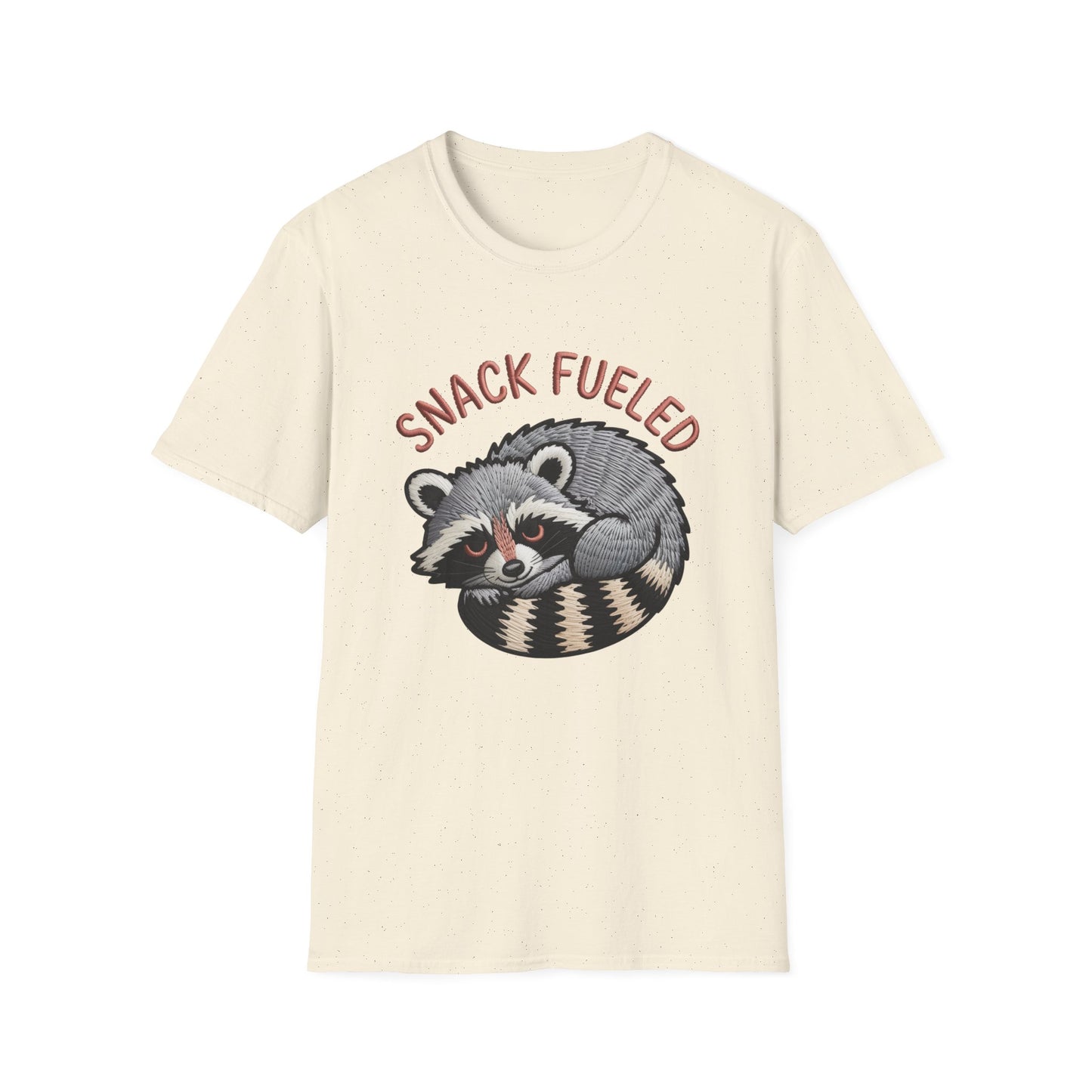Adorable "Snack Fueled" Raccoon T-Shirt | Funny Embroidered Wildlife Tee for Animal Lovers | Cute & Cozy Gift