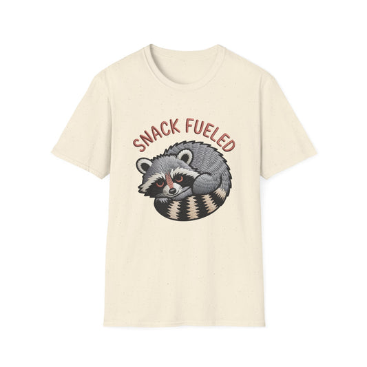 Adorable "Snack Fueled" Raccoon T-Shirt | Funny Embroidered Wildlife Tee for Animal Lovers | Cute & Cozy Gift