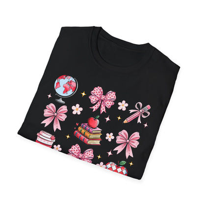 Awesome Teacher Appreciation T-Shirt | 'Teaching Is A Work of Heart' Tee | Cute School Supplies & Pink Bows Gift