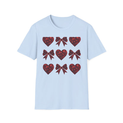 Dazzling Sparkle Hearts & Bows T-Shirt | Chic Glitter Love Tee for Women | Radiant Valentine's Day Gift