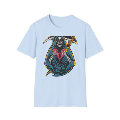 Bold Grim Reaper Heart T-Shirt | Unique Gothic Skeleton Love Tee | Edgy Macabre Statement Apparel