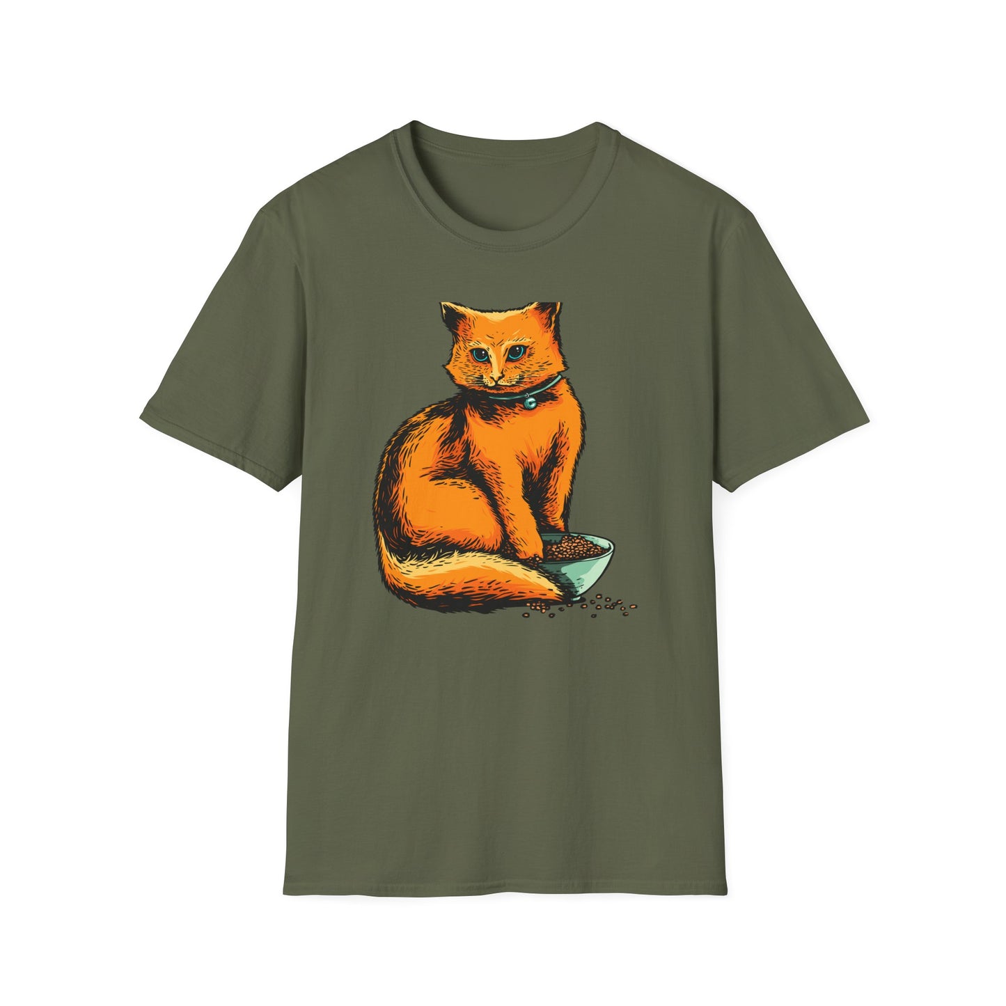 Vibrant Orange Cat & Food Bowl T-Shirt | Adorable Blue-Eyed Feline Lover Tee | Unique Pet Owner Gift Idea