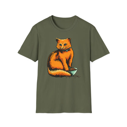 Vibrant Orange Cat & Food Bowl T-Shirt | Adorable Blue-Eyed Feline Lover Tee | Unique Pet Owner Gift Idea