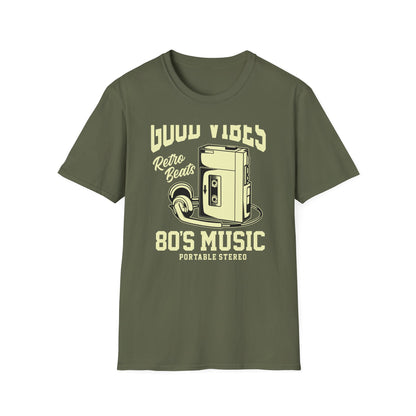 Awesome Retro 80s Music Good Vibes T-Shirt - Vintage Cassette Player & Headphones Tee | Nostalgic Portable Stereo Gift