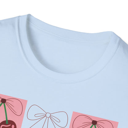 Charming Coquette Cherry Bow T-Shirt | Sweet Pink Aesthetic & Trendy Fruit Pattern Tee for Women