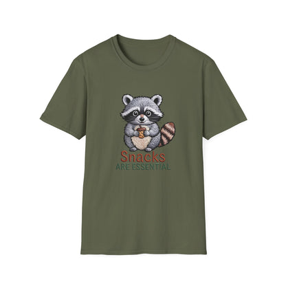 Hilarious "Snacks Are Essential" Raccoon T-Shirt | Adorable Animal Lover Tee | Ultimate Comfort & Style