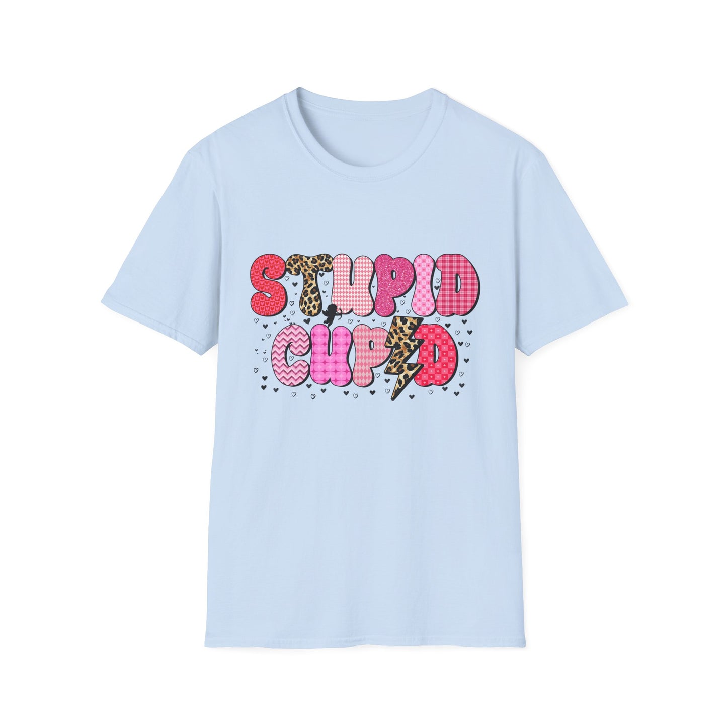 Edgy "Stupid Cupid" T-Shirt - Sarcastic Anti-Valentine's Day Tee with Retro Leopard & Glitter Patterns