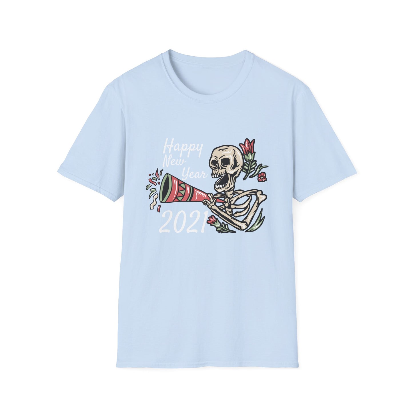 Vibrant Party Skeleton T-Shirt - Fun Quirky Floral Horn Blasting Graphic Tee