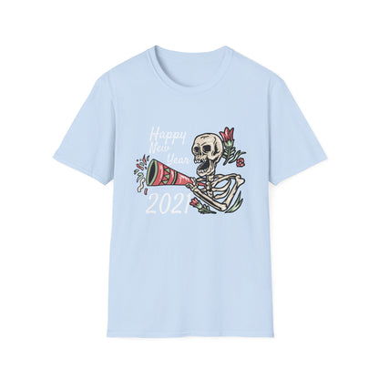 Vibrant Party Skeleton T-Shirt - Fun Quirky Floral Horn Blasting Graphic Tee