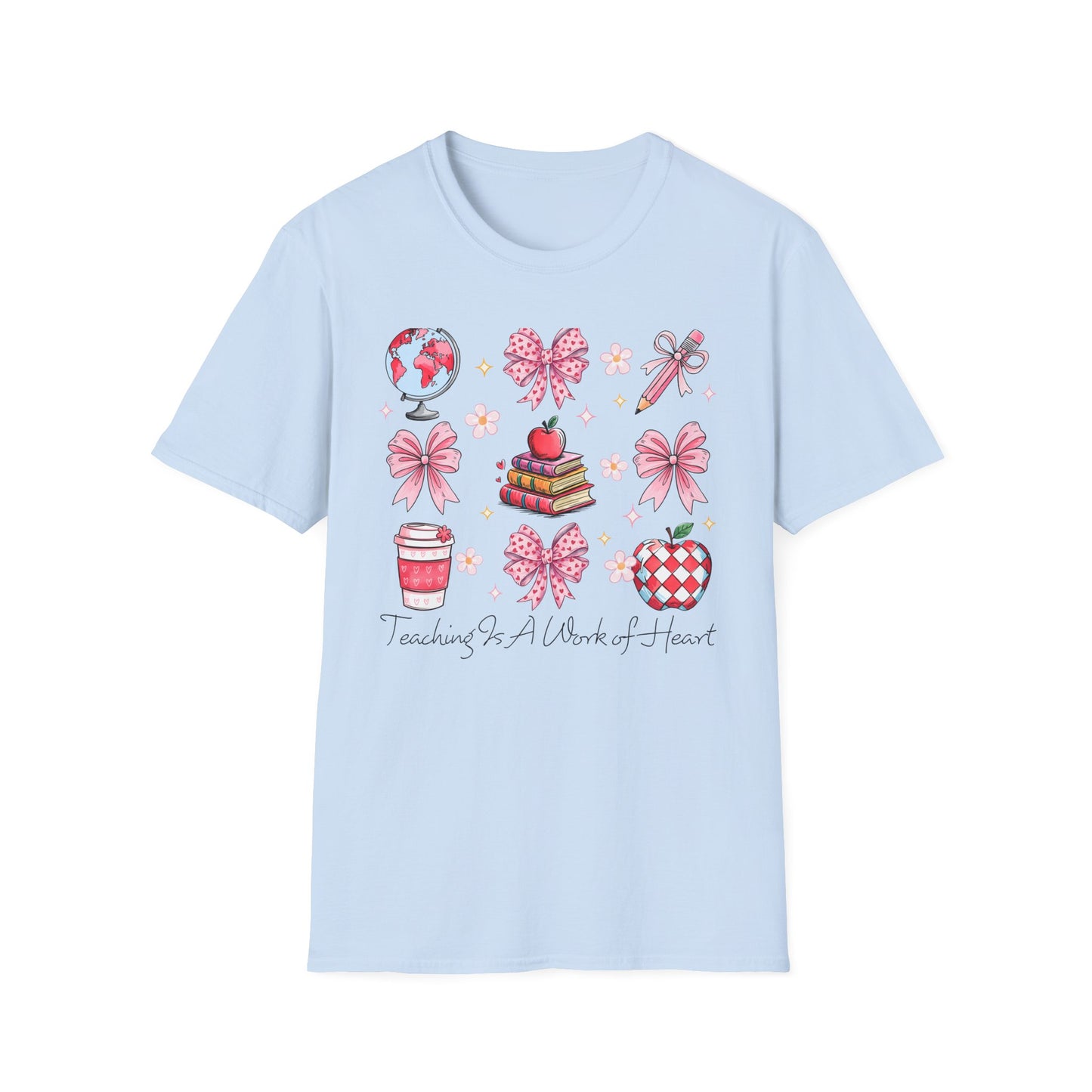 Awesome Teacher Appreciation T-Shirt | 'Teaching Is A Work of Heart' Tee | Cute School Supplies & Pink Bows Gift