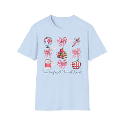 Awesome Teacher Appreciation T-Shirt | 'Teaching Is A Work of Heart' Tee | Cute School Supplies & Pink Bows Gift