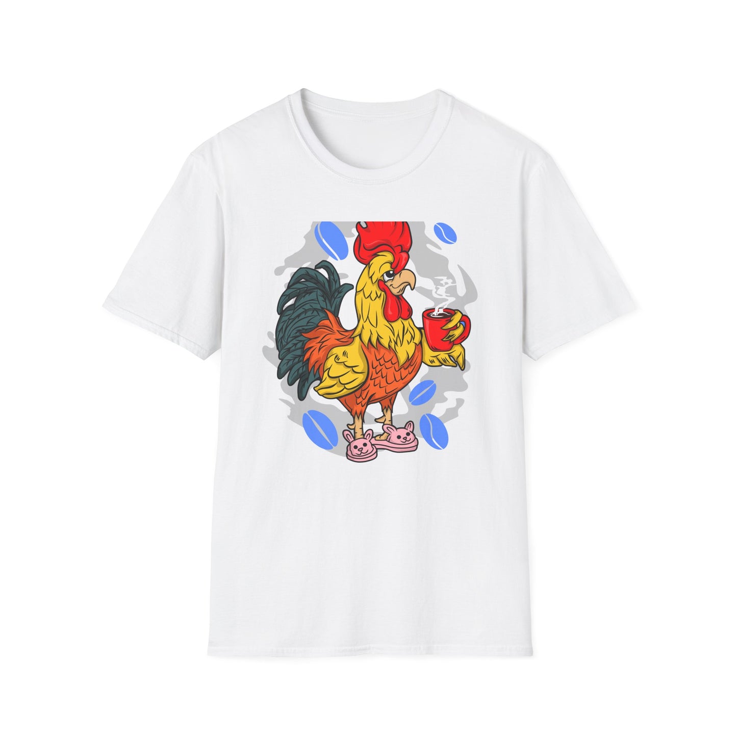 Hilarious Coffee Rooster T-Shirt for Early Birds & Coffee Lovers | Charming Morning Wake-Up Tee with Bunny Slippers | Unique Gift