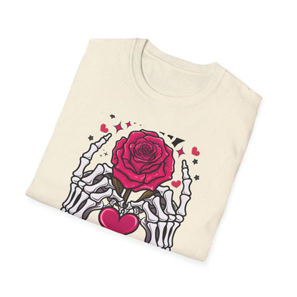 Spooky Sweet Valentine's T-Shirt: Skeleton Hands Holding Pink Rose & Heart - Unique Gothic Love Tee Gift