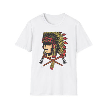 Bold Indigenous Warrior Chief T-Shirt | Majestic Feather Headdress & Tomahawks Tee | Powerful Cultural Design Gift