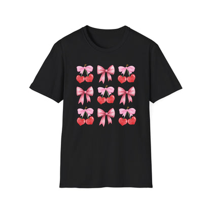 Delightful Pink Bow & Heart Cherry T-Shirt - Adorable Lovecore Aesthetic Tee for Her | Sweet Valentine's Gift