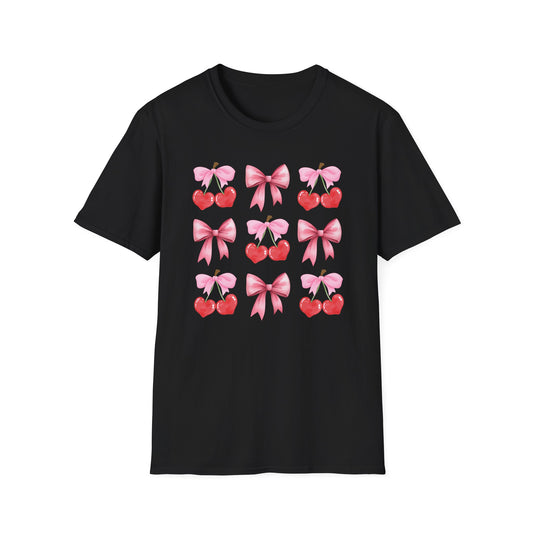 Delightful Pink Bow & Heart Cherry T-Shirt - Adorable Lovecore Aesthetic Tee for Her | Sweet Valentine's Gift