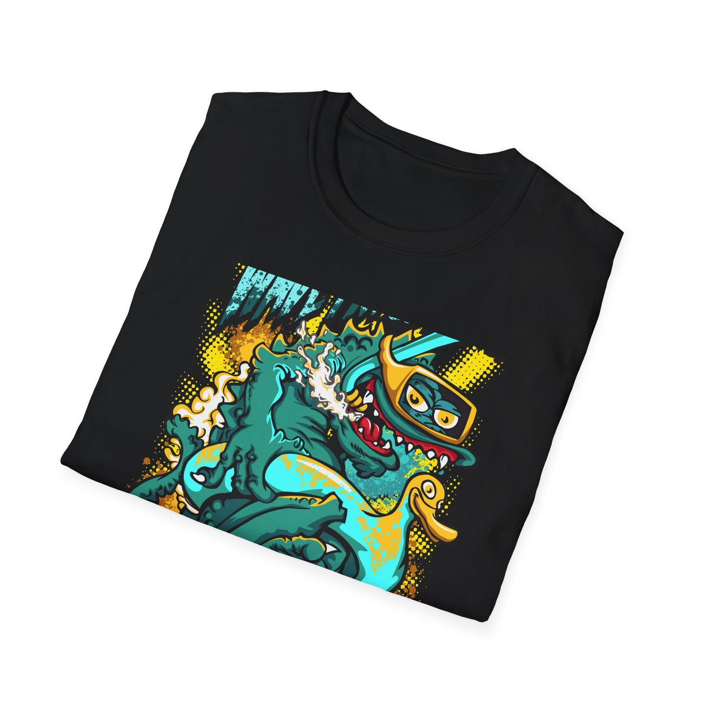 Epic 'WAVE I'M COMING' Monster T-Shirt - Hilarious Swimming Dragon & Duck Float Graphic Tee for Summer Fun & Beach Adventures